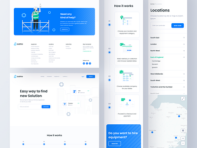 JustHire clean design ecommerce equipment hire home page landing landing page layout light location map mobile page rent services site ui ux website