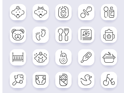 20 Baby childhood Icon design baby bottle boy care child childhood cute diaper girl icon kid line outline pictogram set stroller symbol thin toy vector