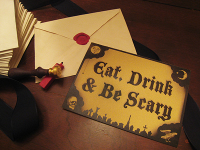 Halloween Invitation halloween invitation typography illustration edgar allen poe scary tea stained envelopes wax seals red black natural paper