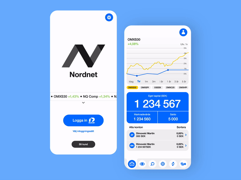 🏦 Nordnet UI Redesign android animation app appdesign bank banking banking app branding illustration ios logo logotype nordnet redesign stock ui ui concept user experience user interface ux
