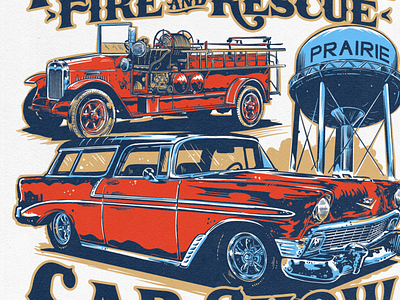 Prairie City Car Show branding car cars city classic drawing firetruck illustration screenprint show vintage watertower