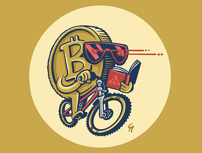 Bikes, Books, & Bitcoin. bicycle bike bitcoin book branding character cycling design dirtbike drawing finance graphic design illustration learning reading screenprint