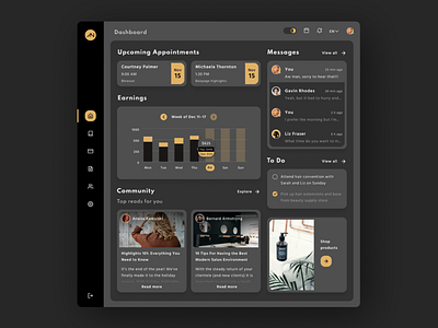 Dashboard — dark theme app appointment appointments dark mode dark theme dashboard design desktop app hair stylist menu ui uidesign ux uxdesign