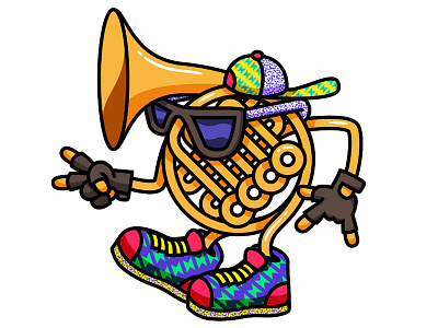 French Horn Rebellion 90s band baseball cap baseballcap brass character electro pop electronic french horn illustration linework mascot music neon pattern retro shiny sunglasses vector
