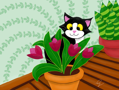 Spring & Cat cartoon cartoon illustration cat cats illustration illustrazioni sketchbook spring tulips