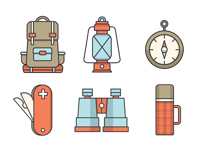 Camping Icons backpack binoculars camping compass icon icons illustration knife lantern thermos