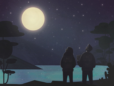 Canva Philosophies adventure illustration lake moon moonlight mountains night outdoors silhouettes sky stars