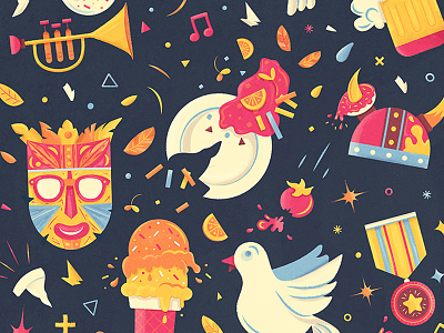 Celebrate! beer confetti doughnut dove ice cream illustration mask pattern plate schnitzel tomato trumpet