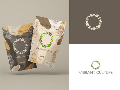 Vibrant Culture branding. leaf logo packaging