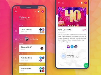 Events App birthday calendar color bg colorful dinner events font iphone x party pink yellow profile upcoming