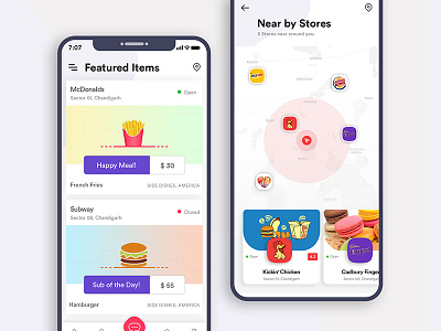 Food App iPhone X clean creative design food location map mobile app purple searching stores subway