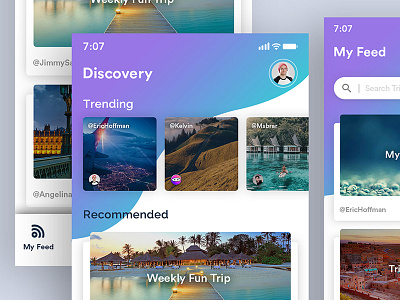 Trips App Design app blue gradient clean concept design gray calendar talktrip tourist travel trending trips upload post