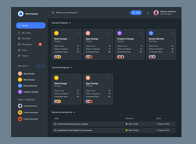 Hermesdy ( Dark Mode) dashboard product design project management uiux ux design web app web design