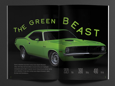 1970 Plymouth Cuda 440 "The green Beast" car editorial graphic design green layout magazine muscle car photography us car