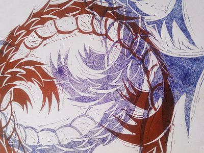 Linogravure dragon handprinted illustration linogravure offset print texture