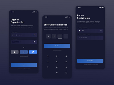 Login and Registration Screen - Organize Pro