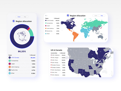 📊 Fintech Mobile App. Allocations of your investments by region app appdesign chart country donutchart finance finance app fintech investing investment map mobileapp money northamerica region regionallocation states ui ux worldmap