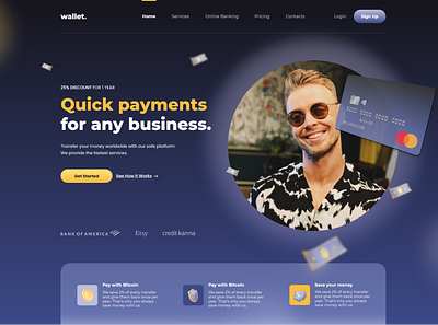 Payments Landing Page UI Design 3d animation bitcoin freelance design illustration landing page landing page concept landing page ui payments app ui design web design