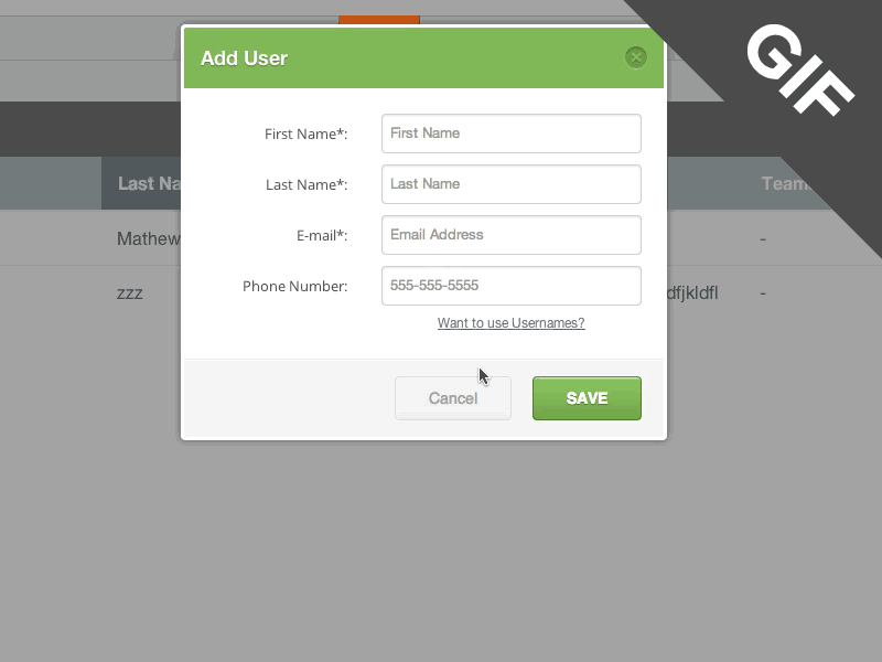 Add User Popup for Businesses field form gif popup voxer