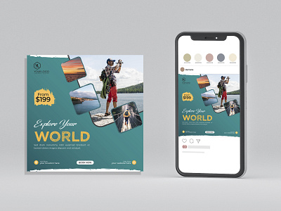 Travel social media post design for hotel advertising