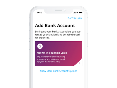 Add Bank Account app bank card color design finance interaction interface ios iphone mobile product purple real estate ui ux