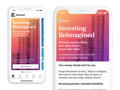 Discover Page - Investing Article app article card design discover finance gradient interaction interface ios iphone mobile product real estate ui