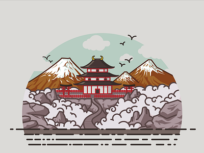 Japanese temple 2d asian drawing illustration illustrator japanese landscape minimalist montfuji temple vector