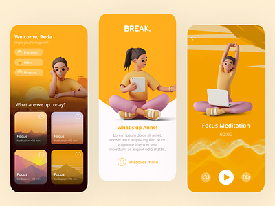 Meditation App 3d app design illustration mobile ui