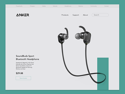 Anker product presentation anker earbuds interface minimalistic product page sketchapp turquoise webdesign
