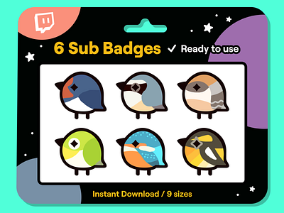 6x Birds Sub Badges Pack badges discord emotes overlays panels twitch youtube