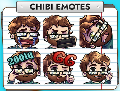 12 Brown Hair Beard & Glasses Chibi Boy Emotes for Twitch badges bits boy cheers chibi discord emotes face pack stream twitch youtube