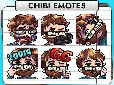 12 Brown Hair Beard & Glasses Chibi Boy Emotes for Twitch