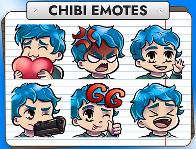 12 Blue Hair Chibi Boy Emotes for Twitch badges bits boy cheers chibi discord emotes face pack stream twitch youtube