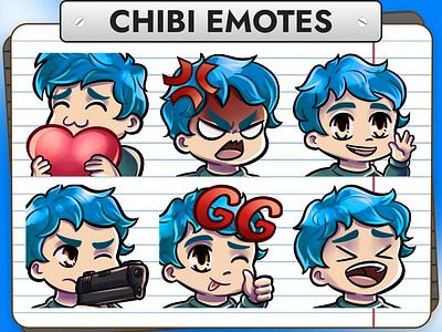 12 Blue Hair Chibi Boy Emotes for Twitch