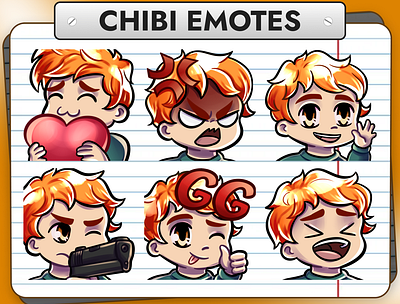 12 Red Hair Chibi Boy Emotes for Twitch badges bits boy cheers chibi discord emotes face pack stream twitch youtube
