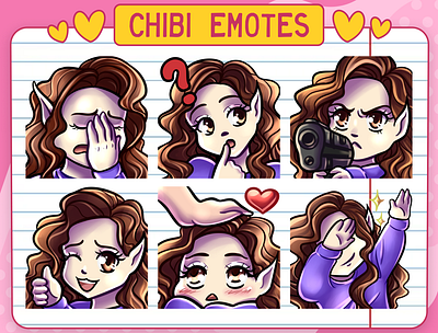 12 Curly Brown Hair Chibi Girl Emotes for Twitch badges bits cheers chibi discord emotes face girl pack stream twitch youtube