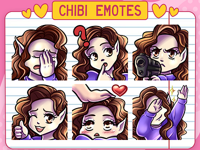 12 Curly Brown Hair Chibi Girl Emotes for Twitch