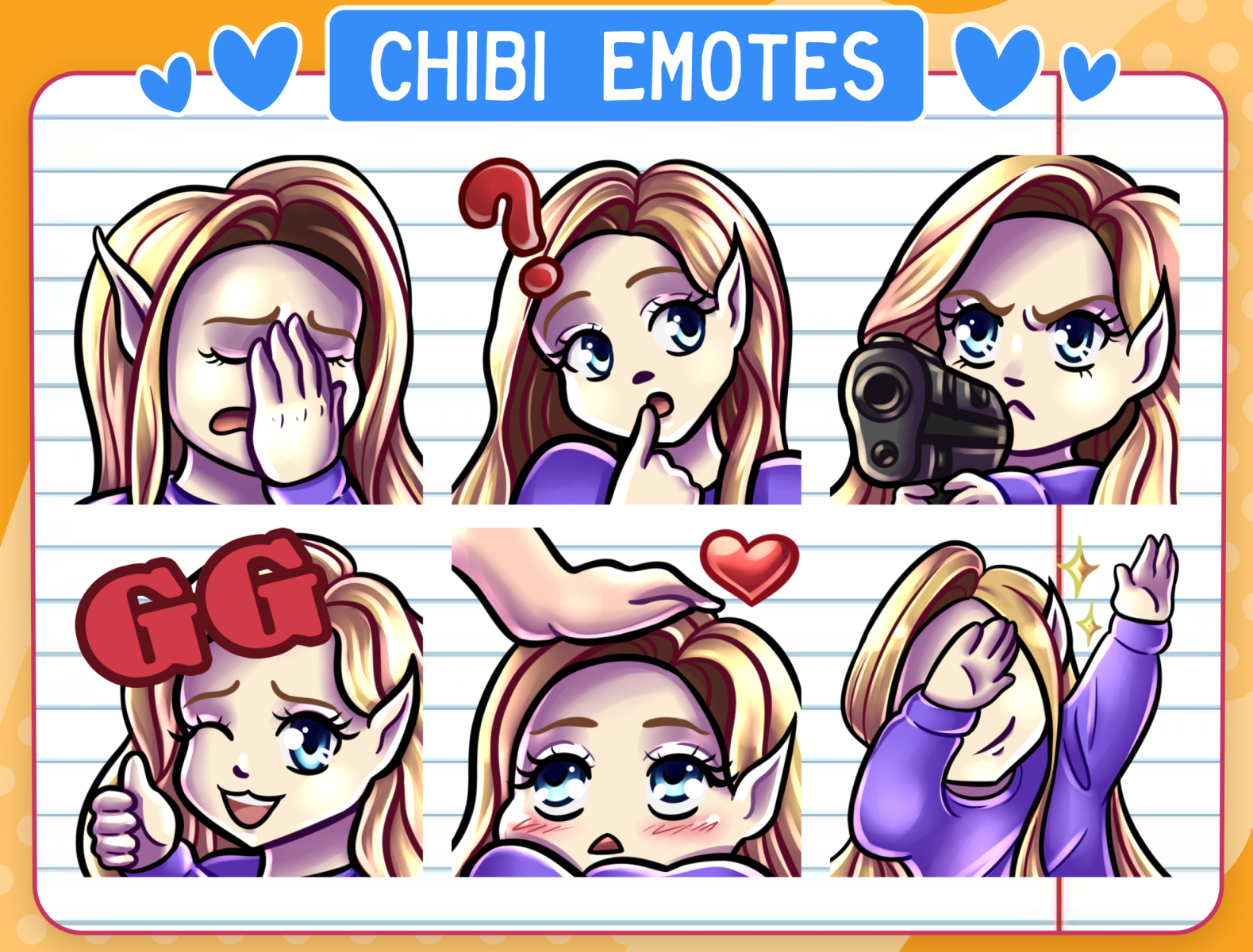 Chibi Girl Twitch And Discord Emotes Pack Set 2 4x Blonde Hair With Bangs Blue Eyes Girl Emotes