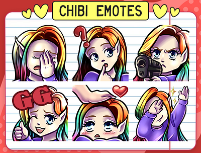 12 Gradient Hair Chibi Girl Emotes for Twitch badges bits cheers chibi discord emotes face girl pack stream twitch youtube