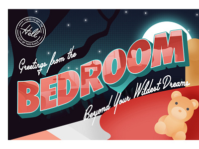 Quarantine Cards- Bedroom design halftone illustrator postcard travel typography vector vector art vector illustration