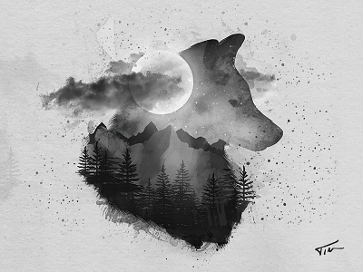 A Tale Of The Wolf And The Moon art black and white forest illustration logo moon night painting watercolor wolf