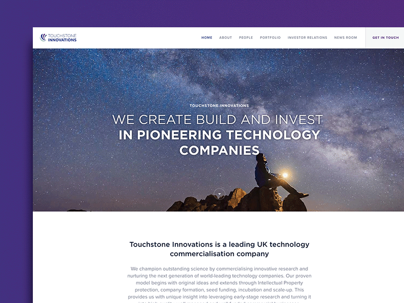 Web Design: Touchstone Innovations sans serif brand design rebranding branding tech technology purple website website design web design ux ui