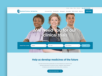 Web design: Quotient Clinical - We Need You bioscience blue clinical trials design life science medical science typography ui ux web website