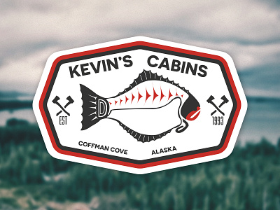 Kevin's Cabins sticker alaska black cabin fish formline halibut illustrator logo red sticker