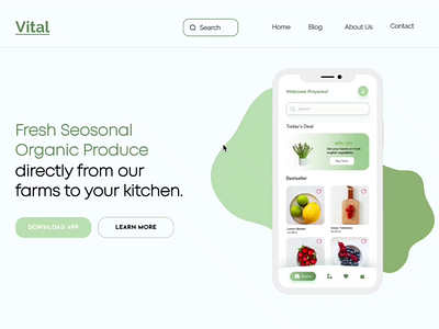 UI Animation Organic Produce Suplier Website- Vital branding figma food illustration landing page design mobile app mobile ui online shop online shopping online store organic food shopping app smart animate supplier typogaphy ui animation uianimation uxdesign webdesign website website design