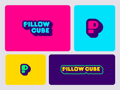 Pillow Cube Logos blue brand brand design cube green logo logo design logo suite mattress pillow pink purple smile logo yellow