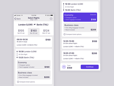 Flight selection in airline app airline app booking clean flight mobile ticket travel typography ui ux