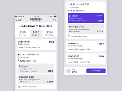 Flight selection in airline app