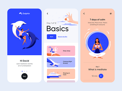 Dolphin - Mobile Application Design for Meditation app mobile application ui design ux mobile ui design illustration design ui colors illustrator illustration meditation mobile app design meditation app mobile design mobile app