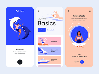 Dolphin - Mobile Application Design for Meditation app colors design illustration illustration design illustrator meditation meditation app mobile app mobile app design mobile application mobile design mobile ui ui ui design ux
